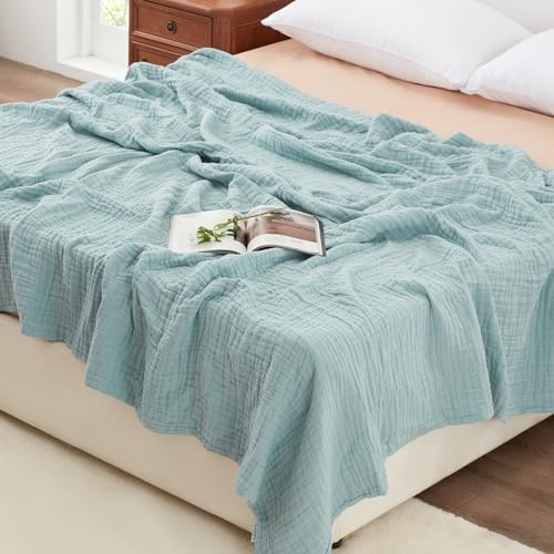 Love's cabin 100% Cotton Muslin Blanket King Size for Bed, Cyan