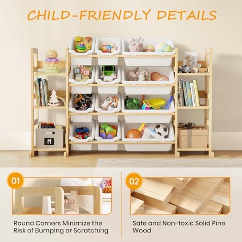 EXPERLAM Extra Large Toy Storage - Toy Storage Organizer, Wooden Toy Organizer with 6 Side Shelves and 12 Bins, 3-in-1 Bookshelf for Kids Rooms, Playroom, Nursery, White