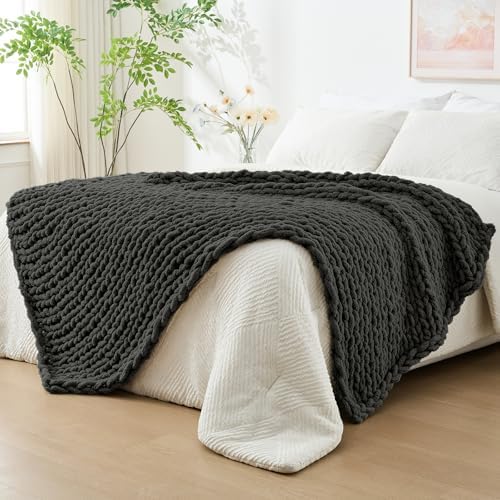Bigacogo Chunky Knit Throw Blanket for Couch, 40x80 inches, Dark Grey