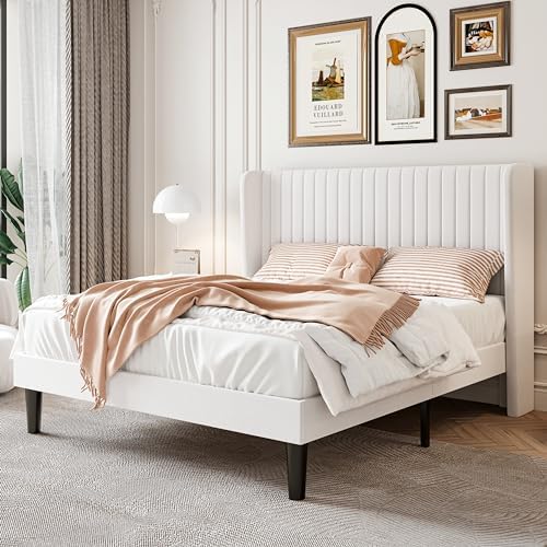 SHA CERLIN Full Size Velvet Bed Frame, Tufted Wingback Headboard, White