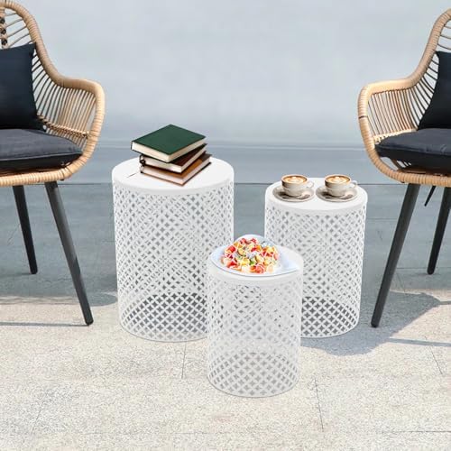 Metal Frame Accent Table,Cylindrical Outdoor Side Table,Decorative Garden Stool,Set of 3 Nesting Side Table,Modern Decorative Garden Stool for Patio Balconies Cafes Parks (3, White)