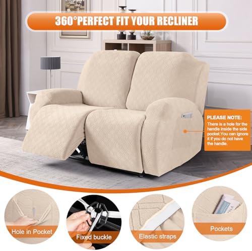 VANSOFY Recliner Cover, 2-Pieces Stretch Reclining Couch Cover with Pockets Loveseat Sofa Slipcovers Soft Washable Furniture Protector for Dogs Cats(Cream)