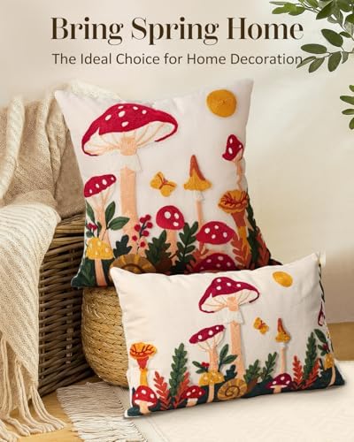 Embroidered Throw Pillow Cover 20x20 Inch, Mushroom Moon
