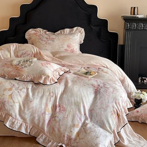 AOJIM Floral Print Duvet Cover Queen, 3-Piece Cotton Crinkle Double-Layer Gauze Vintage Ruffled Bedding Set with Allover Floral Print & Lace Edging - Soft Comforter Cover with Zipper & 2 Pillowcases