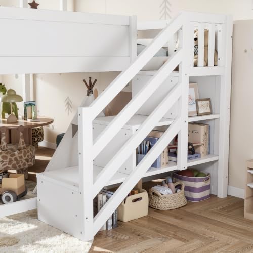 Full Size Playhouse Low Loft Bed with Slide Storage Drawers Stair Shelves Pull Out Desk (White, Full)