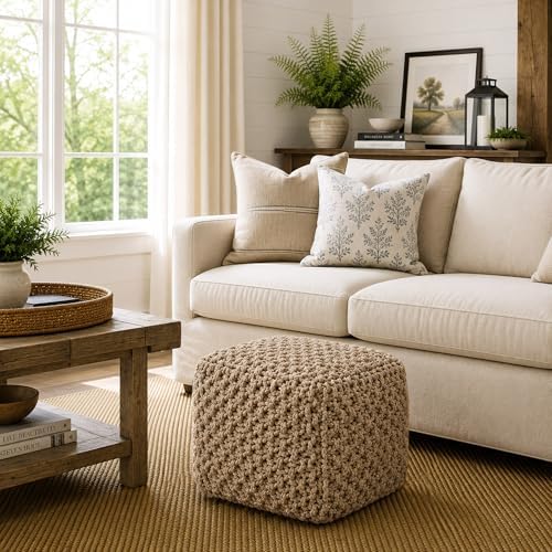 Casafield Square Pouf Ottoman, Beige Ivory - 18.5" W x 18.5" D x 14.5" H Cotton Knit Foot Stool - Boho Floor Pouffe for Living Room, Bedroom, Office