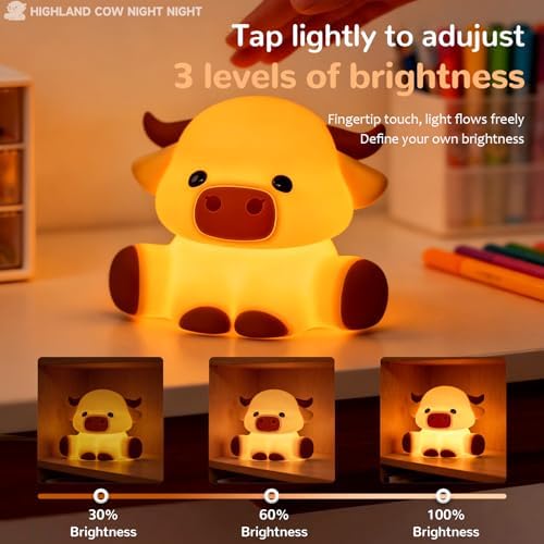 Highland Cow Night Light, Kids Rechargeable LED Lamp with Timer