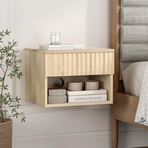 Floating nightstand Set of 2，Modern Fluted Bedside Tables with Drawer & Open Shelf Light Oak