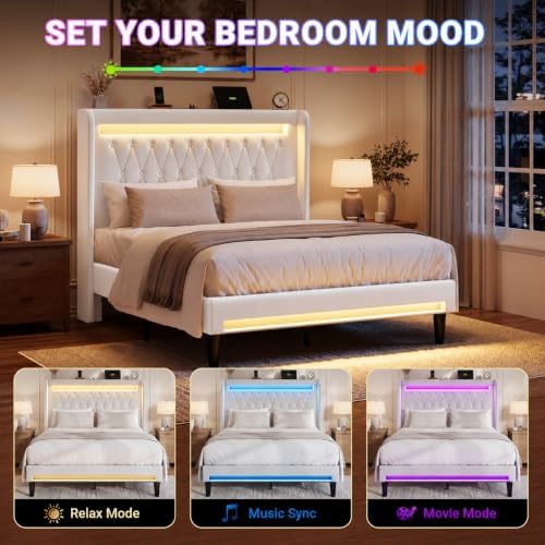 Allewie Full Size Upholstered Bed Frame with LED & Charging Station, White