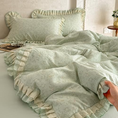 Floral Duvet Cover Set Muslin Cotton Queen(90"x90"),Sage Green