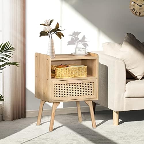 Lerliuo Rattan Nightstands Set of 2, Boho Side Table with Drawer Open Shelf