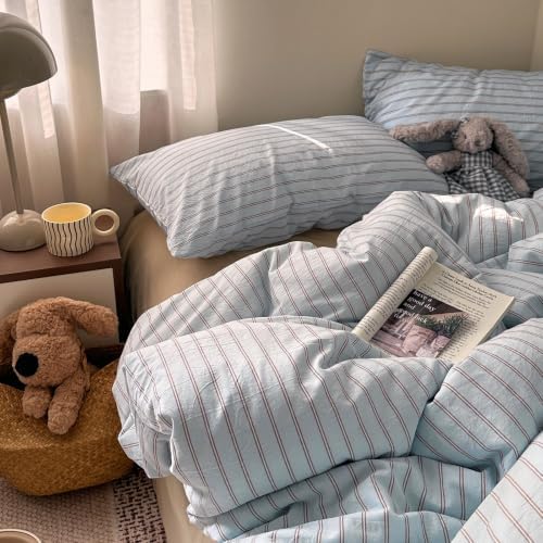 Blue & Brown Striped Duvet Cover Twin Size 3Pcs Washed Cotton Retro Bedding