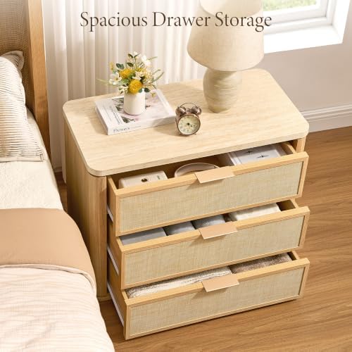 Night Stand Set 2, Rattan Nightstand with 3 Drawers