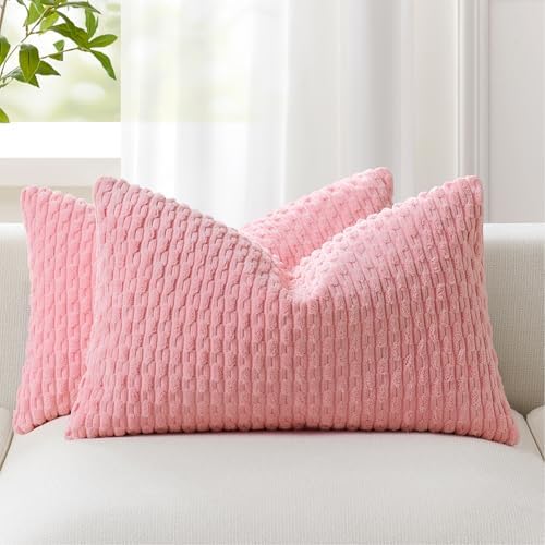 Kevin Textile Soft Corduroy 12"x20" Lumbar Pillow Covers 2 Pack, Pink