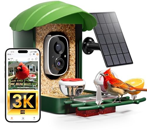 Smart Bird Feeder with Camera, 3K HD Live Stream, AI Species Identification, Solar Powered, Instant Motion Alerts, IP65 Weatherproof Outdoor Gifts for Bird Lovers, Green