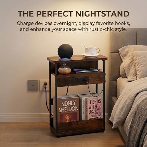 YEAKOO Narrow Side Table with Charging StationSmall Spaces Narrow End Table