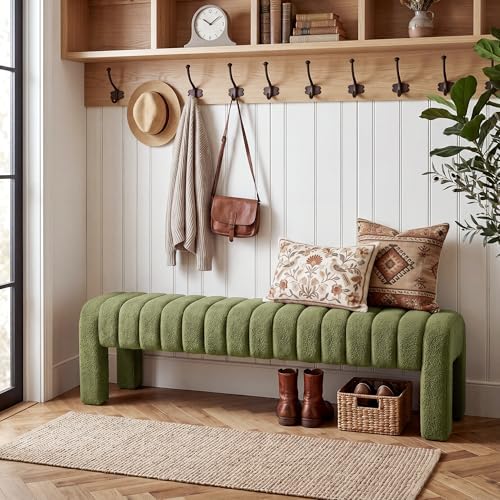 63" Boucle Bed Bench, Cute Upholstered Channel Tufted Bench for Entryway, Accent Window Seat for Living Room, Modern Minimalist Ottoman Foot Stool, Linen Green