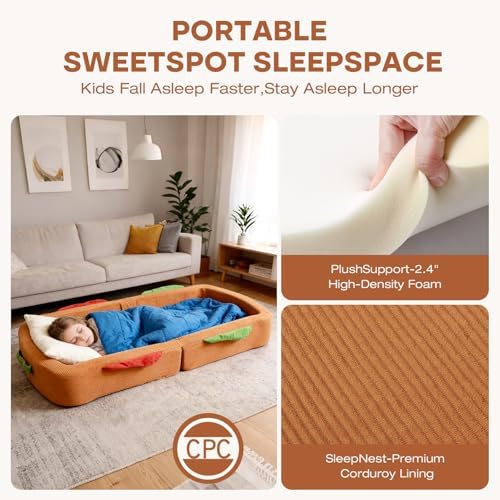 Toddler Travel Bed Sandwich Style - Portable Toddlers Floor Beds, Foldable Soft Foam Travel Crib for Baby and Kid, Washable Cover Toddler Cot with Safety Rail for Travel, Medium Size