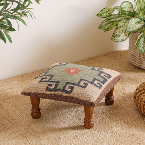 Upholstered Ottoman Footstool with Tribal Aztec Fabric | Rustic Wooden Accent Stool with Turned Legs | Decorative Foot Rest for Bedroom, Living Room & Hallway (White)