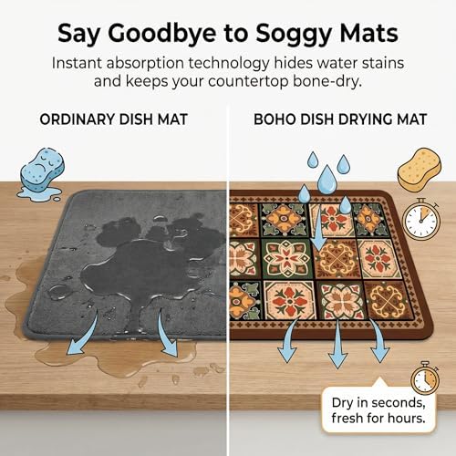 Boho Dish Drying Mat for Kitchen Counter - Super Absorbent Faux Leather Kitchen Mat, Quick Dry & Non-Slip Countertop Protector, Aesthetic Bohemian Decor for Coffee Bar (12"x19", Boho)