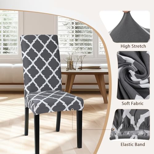 SearchI Dining Room Chair Covers Set of 2, Stretch Geometric Parsons Chair Slipcovers Spandex Removable Washable Kitchen Chair Protector Cover for Dining Room, Hotel, Ceremony (Gray+White)