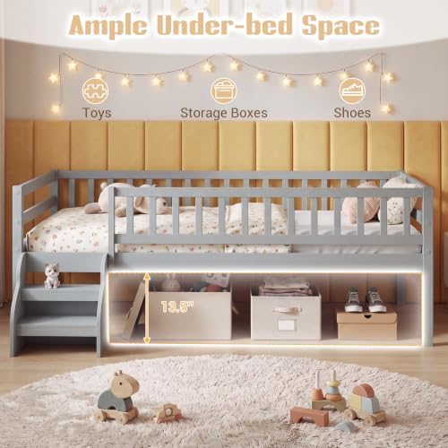 Giantex Kids Low Loft Bed Twin Size with Stairs & Safety Guardrails, Grey