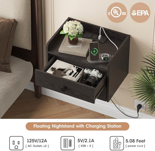 Floating Nightstand Set of 2 with 2 Storage Drawers and Charging Station