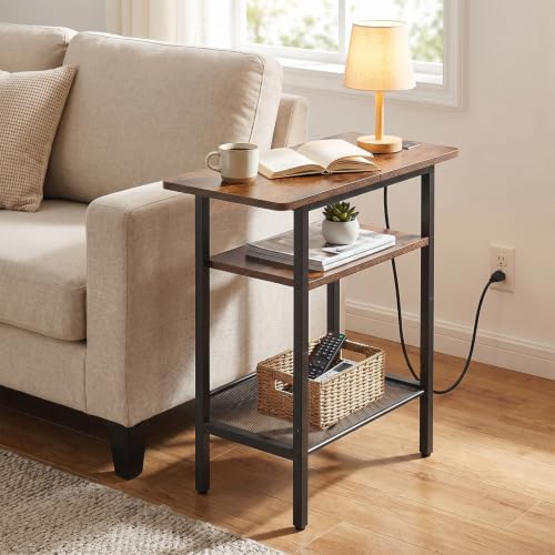 HOOBRO Side Table with Charging Station for Small Spaces, Rustic Brown