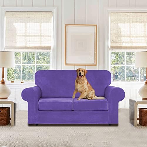 WEERRW Velvet Stretch 3 Pieces Couch Cover for Sofa Washable, Purple