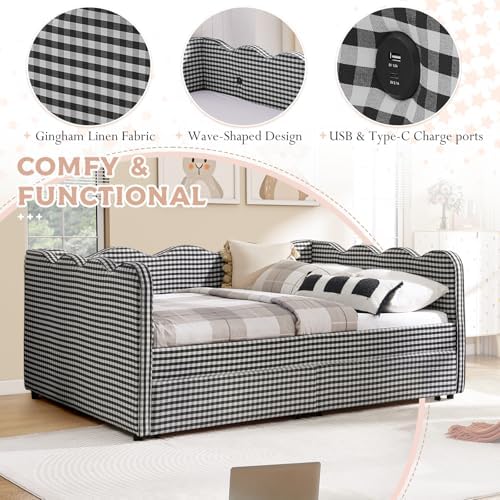 Full Size Daybed with Storage Drawers, Linen Gingham Daybed with USB Ports & Wave Shaped, Upholstered Day Bed Frame, Modern Sofa Bed for Living Room/Bedroom/Guest Room, No Box Spring Needed, Black