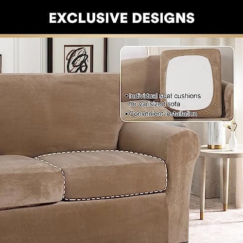 PrinceDeco Couch Cover Velvet Plush Sofa Covers for 2 Cushion Couch Width Up to 90 Inch Washable Furniture Protector Pet Friendly No Slip Sofa Slipcover(Medium-Large, Camel)