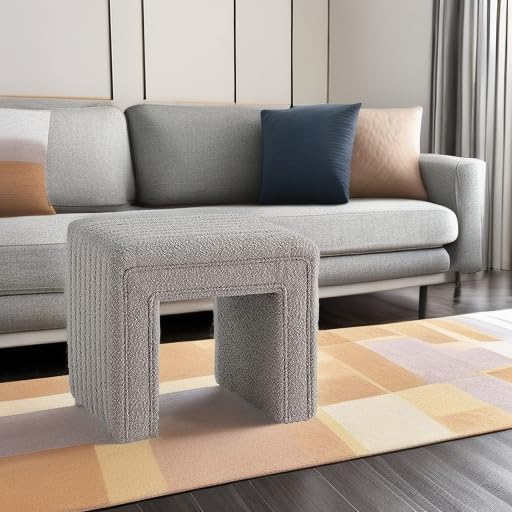 Get Set Style Vanity Stool Chair, Fully Assembled Modern Boucle Ottoman Footstool with Wooden Legs, Multifunctional Upholstered Sofa Bench Extra Seat for Makeup Room Living Room Entryway Office,Taupe