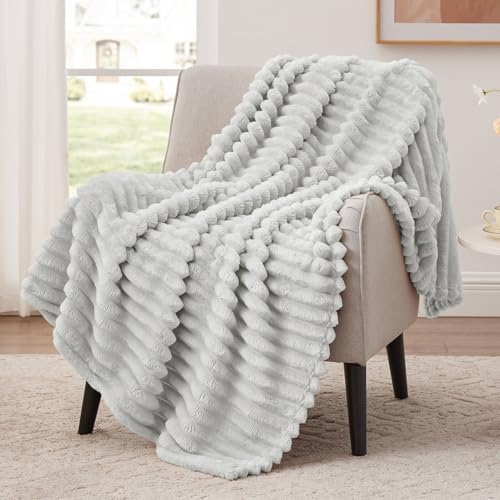 EXQ Home Stripe Jacquard Throw Blanket Light Grey for Couch Gentle Soft