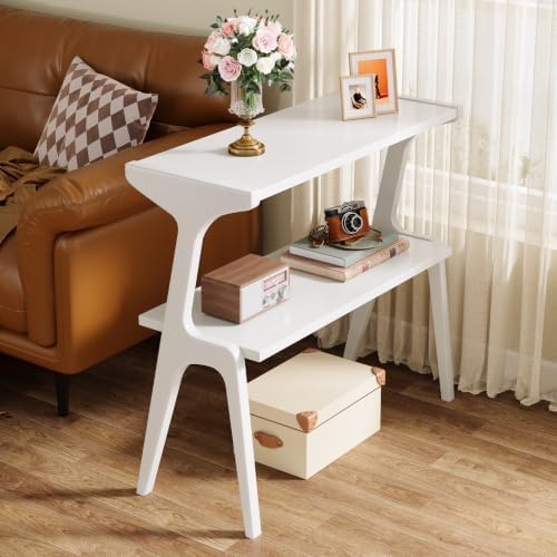 Tribesigns 2-Tier Solid Wood Side Table, Modern White End Table with Storage Shelves, Tall Slim Side Table for Couch with Unique Legs, Long Bedside Table for Bedroom, Living Room