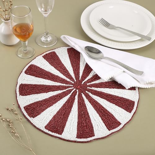 Round Beaded Placemats Set of 2 13 Inch White Red Handmade Glass Chargers