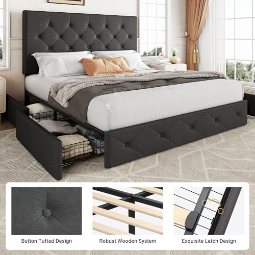 Allewie Full Size Storage Bed Frame with 4 Underbed Drawers, Upholstered Platform Bed with Adjustable Headboard, Diamond Button Tufted, Easy Assembly, Noise-Free, No Box Spring Needed, Dark Grey