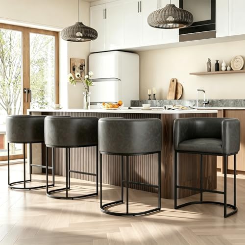 26" H Counter Height Bar Stools Set of 4, Modern Barrel Counter Stools with Backrest and Arms, Faux Leather Upholstered Accent Barstools for Kitchen Island,Support 450 LBS (Black)