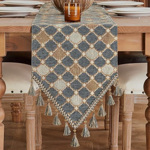 Loom and Mill Chenille Table Runner 90 inches Long, Blue-Grey+Khaki+Beige