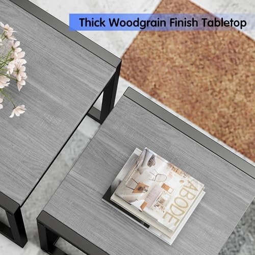 Nesting Coffee Table Set of 3, Stacking Metal Side Tables, Grey