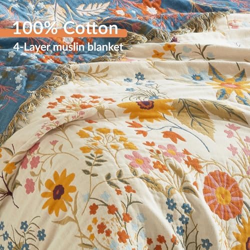 Boho Throw Blanket for Bed 60”x80”, 100% Cotton Blanket for Couch Sofa