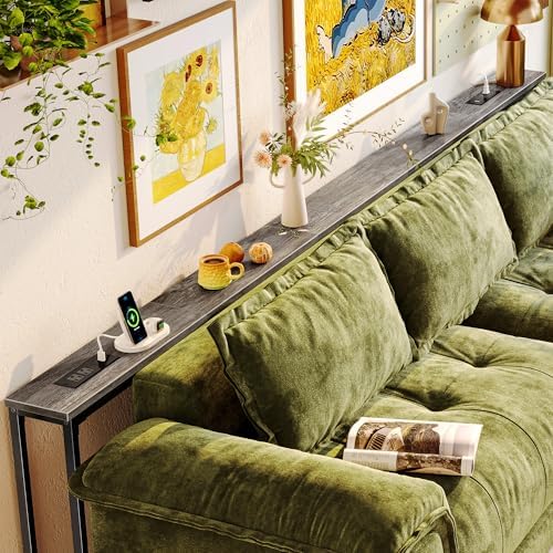 Huuger 110.2 Inch Behind Couch Table with 2 Power Outlets and USB-C Ports, Extra Long Narrow Sofa Table for Sectional Sofa, Skinny Console Table with Anti-Bump Pads, for Living Room, Grey