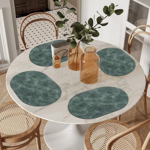 ADRIMER Oval Placemats Set of 8, Wipeable Faux Leather, Blue & Green