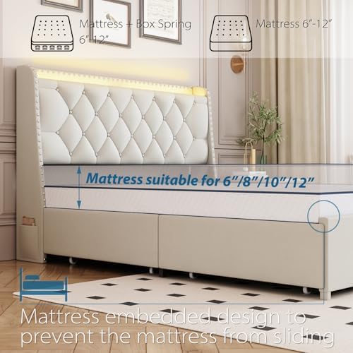 Queen Size Bed Frame with 4 Drawers and Storage Headboard, Upholstered Button Tufted Platform Bed Queen with Led Lights and Charging Station, No Box Spring Needed, Easy Assembly, Noise Free, Beige