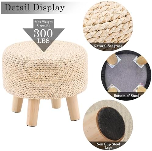 Cpintltr Ottoman Natural Seagrass Footrest Poufs Hand Weave Round Foot Stool for Couch Desk Soft Step Stool Padded Foot Rest with Pine Legs for Living Room Bedroom (Natural White)