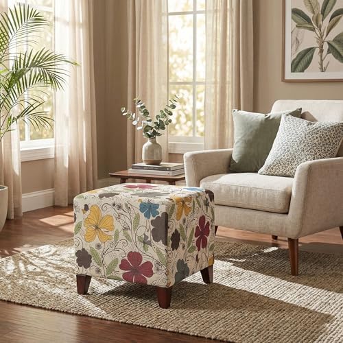 Joveco 16.3" Square Cube Ottoman Footrest, Modern Floral Linen Fabric Foot Stool with Solid Wood Legs, Decorative Upholstered Shoe Bench for Living Room, Bedroom & Entryway - Colorful Printing