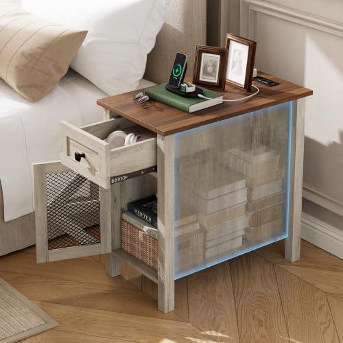 Farmhouse End Table with Charging Station,Narrow Side Tables with Storage