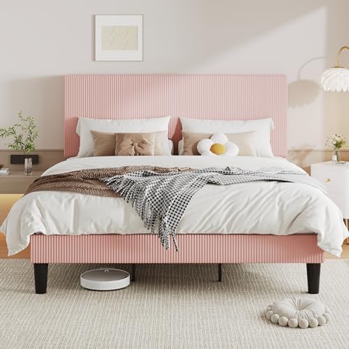 Allewie King Bed Frame, Corduroy Tufted Headboard, Light Pink