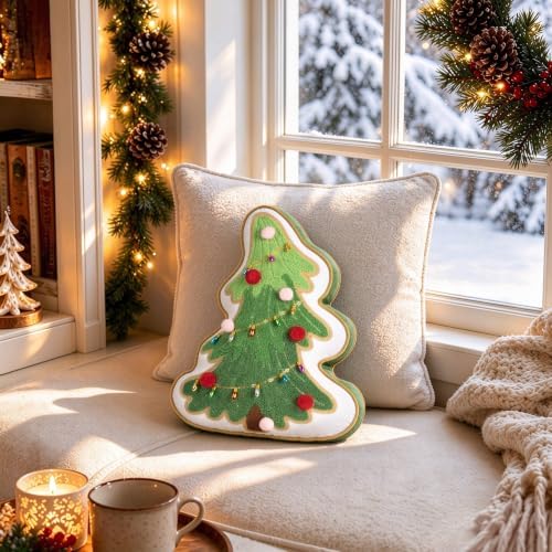 AELS Christmas Tree Pillow with Colorful Pom-pom, 16" Decorative Holiday Pillow, Embroidered Holiday Throw Pillows for Decor, Plush Tree Shaped Decorative Pillows for Living Room Bedroom Sofa, Green
