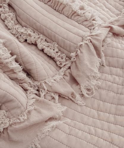 Ultra Soft Pre-Washed Warm Quilted Throw Blanket, Ruffle Fringed Rose King Size Boho Blankets, Stone Washed Chic Rustic Throws for Sofa Couch Bed Chair, 104"x90"