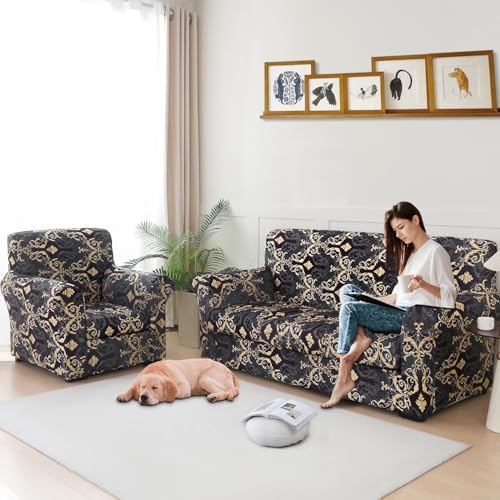 Stretch Printed Sofa Cover Couch Covers, 4-Piece Loveseat Slipcovers with 2 Separate Cushion Cover & 1 Pillow Case, Washable Spandex Furniture Protector for Living Room(Loveseat,Print)